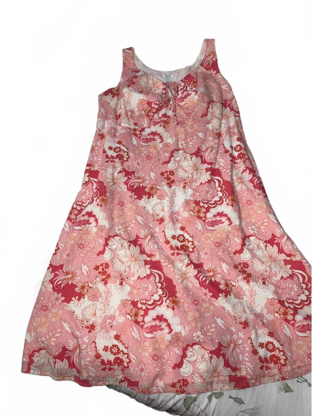 Liz & Co. Women's 16W Pink and Red Floral Sleeveless Midi Dress with Tie-Front